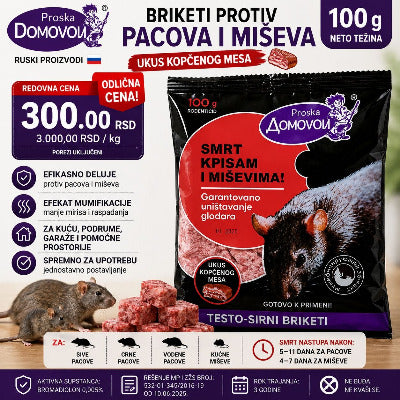 DOMOVOJ Proška BRIKET OD SIRA I TESTA protiv pacova i miševa 100 g ukus MESA