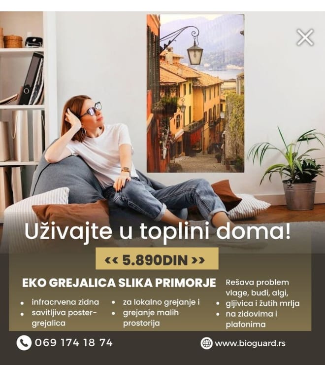 „Kućna vatra“ infracrvena zidna savitljiva grejalica u obliku slika 105 x 60 cm motiv PRIMORJE Zidna grejalica maksimalne snage 500W. Slika koja greje
